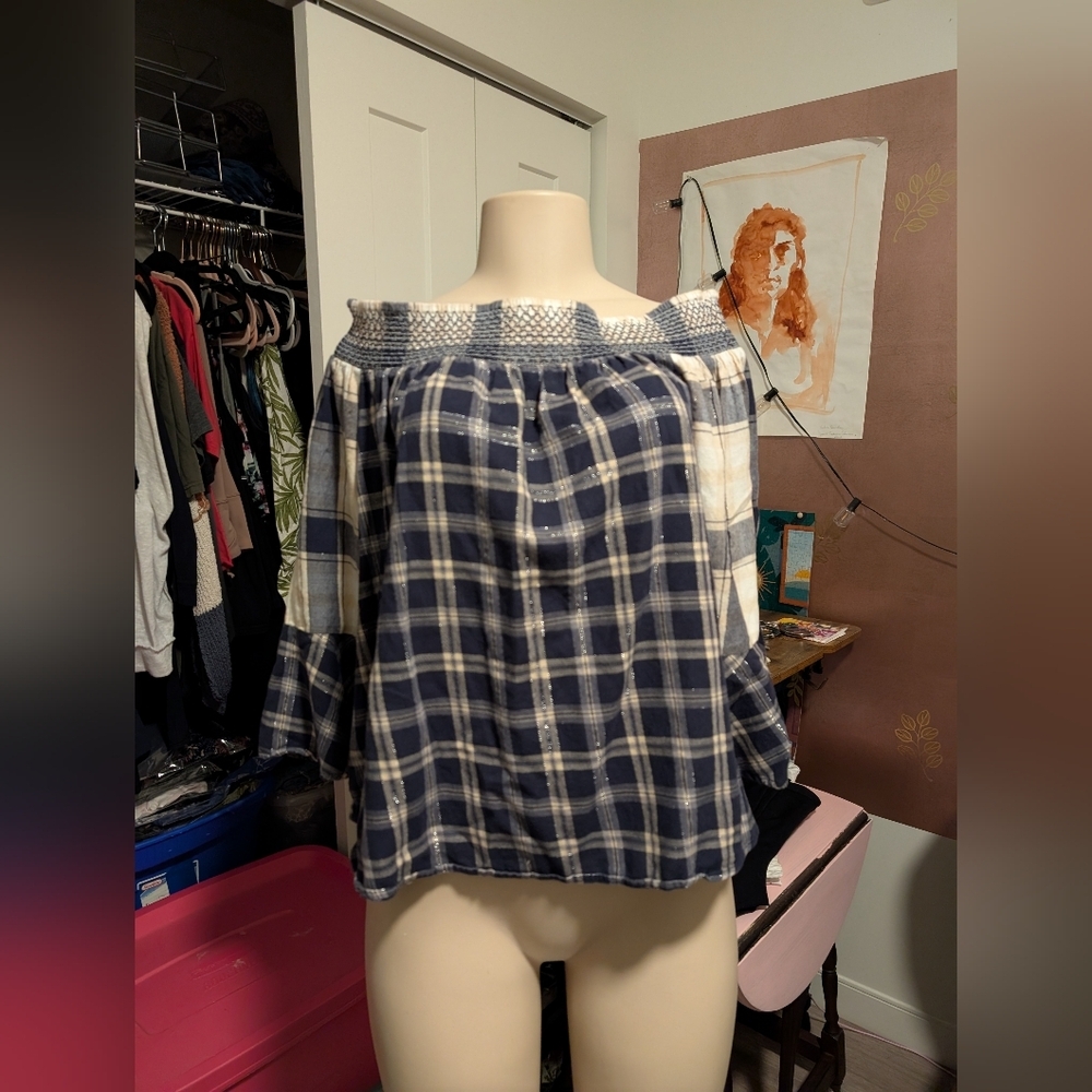 Loft Blue Plaid Flannel Off Shoulder Tunic Top Size Small